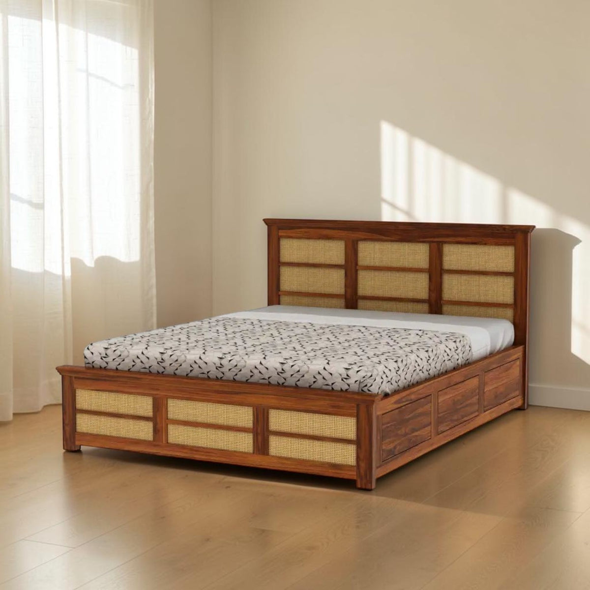Homecrest Studley solid Sheesham wood king bed with natural cane detailing and integrated box storage in a bedroom.