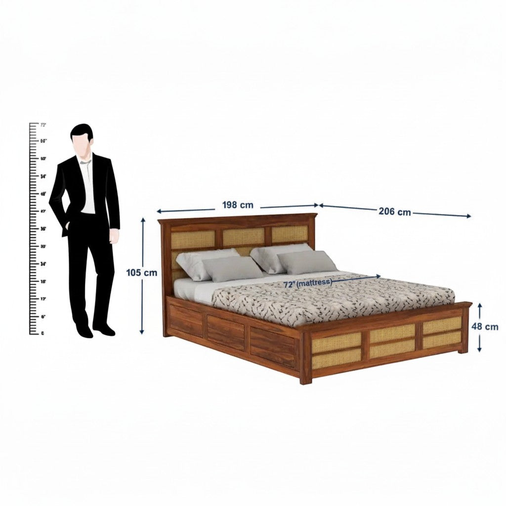 Homecrest Studley solid sheesham wood king bed with cane detailing and integrated box storage, shown with dimensions.