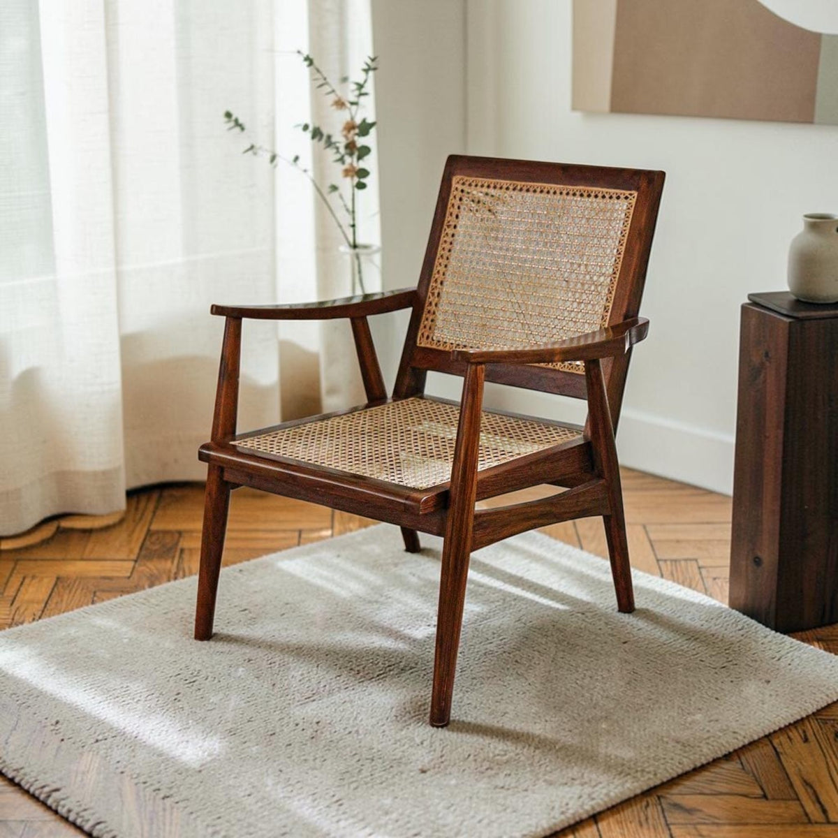Homecrest Semley mid-century armchair featuring a dark reclaimed teak wood frame and natural hand-woven rattan wicker.