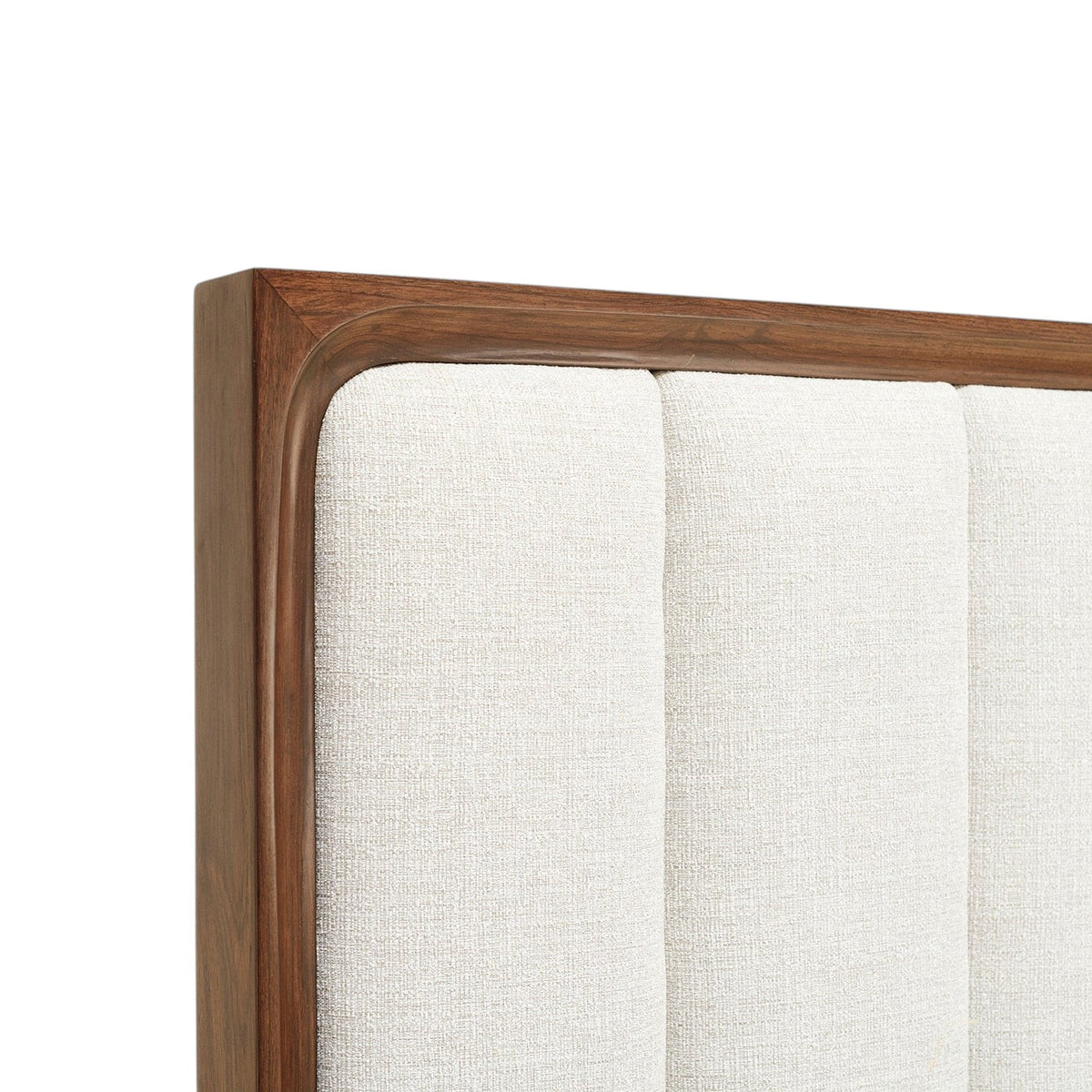 Homecrest Rushden teakwood bed headboard with cream upholstered vertical panels and a rich dark wood frame