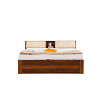 Homecrest Tetbury solid Sheesham wood bed with storage headboard, open shelving, and integrated cushioned backrests.