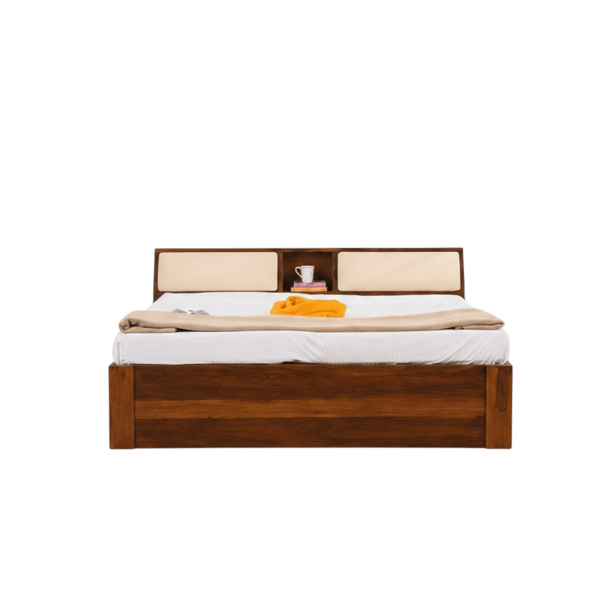 Homecrest Tetbury solid Sheesham wood bed with storage headboard, open shelving, and integrated cushioned backrests.