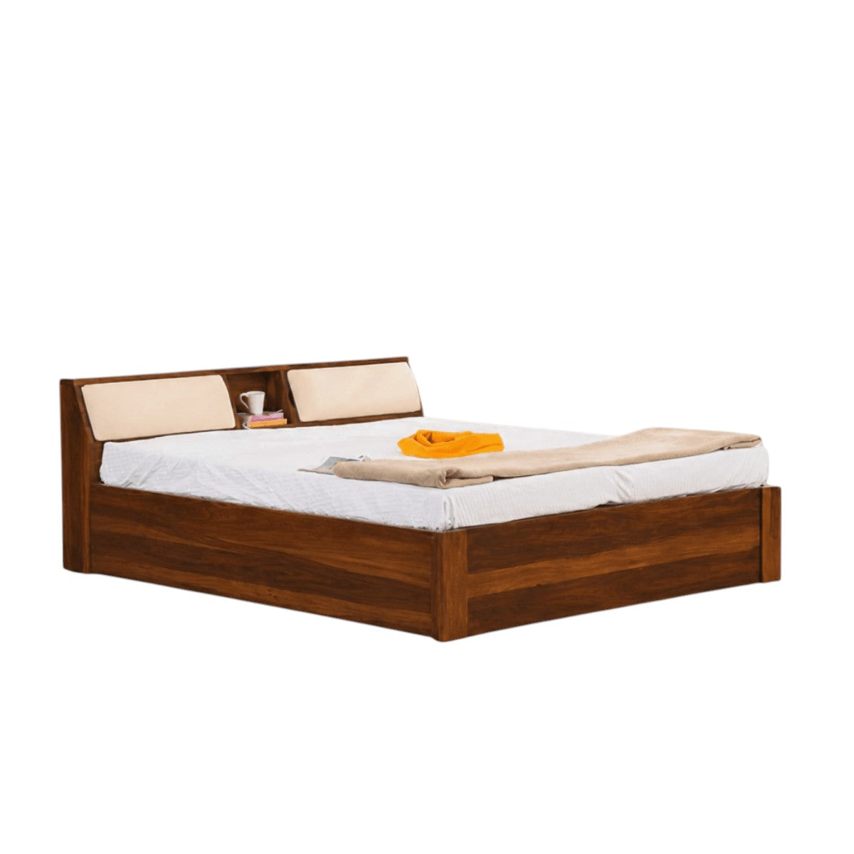 Homecrest Tetbury solid Sheesham wood bed with storage headboard, open shelving, and cushioned backrests in dark teak.