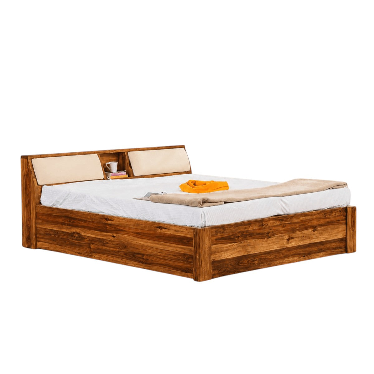 Homecrest Tetbury solid Sheesham wood bed with storage headboard, open shelving, and cushioned backrests in honey finish