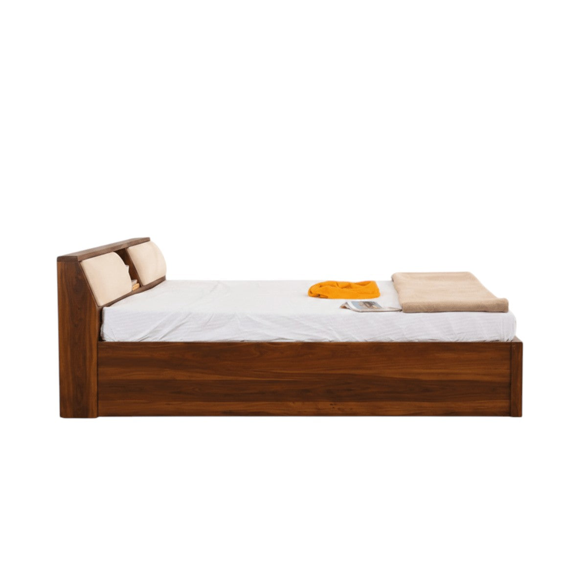 Homecrest Tetbury solid Sheesham wood bed with storage headboard, cushioned backrests, and dark teak finish.