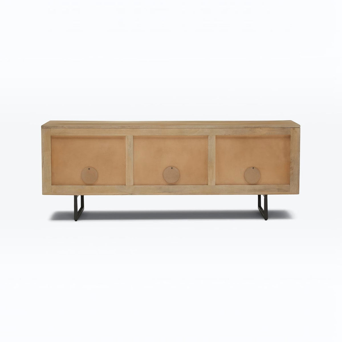 Homecrest Thayer media stand in natural mango wood with rattan panels and black metal legs, back view.