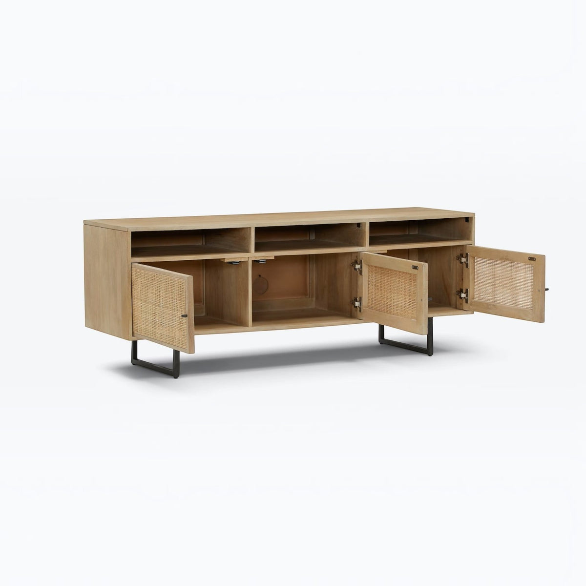 Homecrest Thayer media stand in natural mango wood with rattan cabinet doors and black metal legs