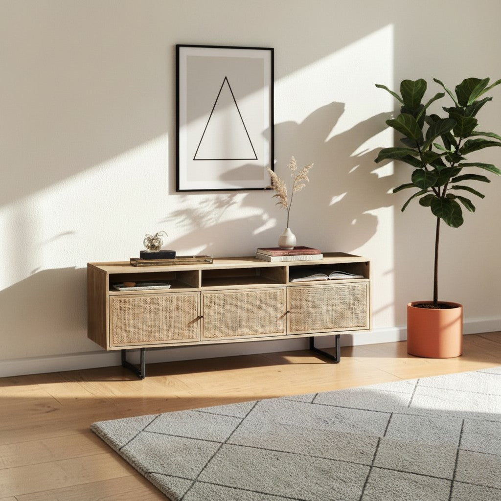 Homecrest Thayer media stand in natural mango wood with rattan cabinet doors and black metal legs in a living room.