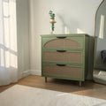 Homecrest Thea chest in Candid Green featuring cut-out rattan drawer fronts and small tapered legs.