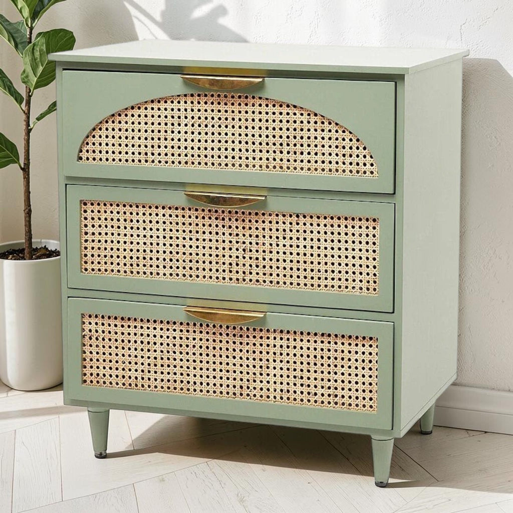 Homecrest Thea chest in Candid Green with three drawers featuring cut-out rattan sheeting and brass-tone handles.