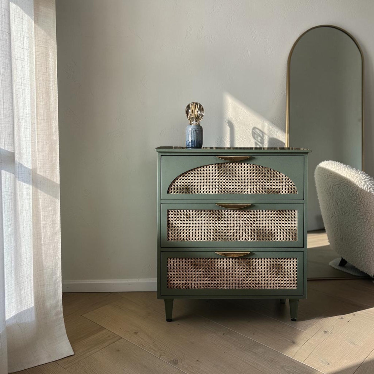 Homecrest Thea colour-block chest in Candid Green with cut-out rattan drawer fronts and small tapered legs.