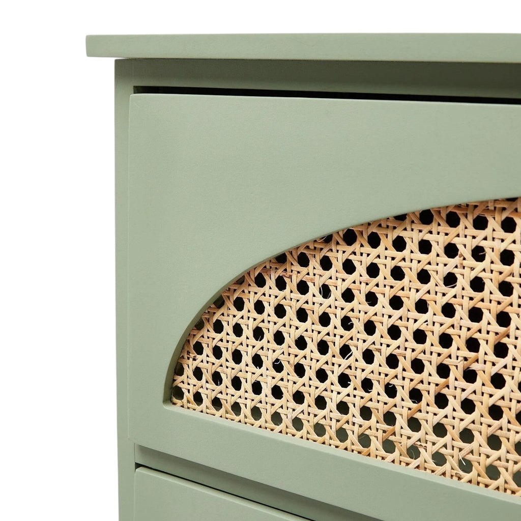 Homecrest Thea chest featuring sage green colour-block panels and intricate cut-out natural rattan sheeting detail.
