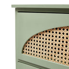 Homecrest Thea chest featuring sage green colour-block panels and intricate cut-out natural rattan sheeting detail.