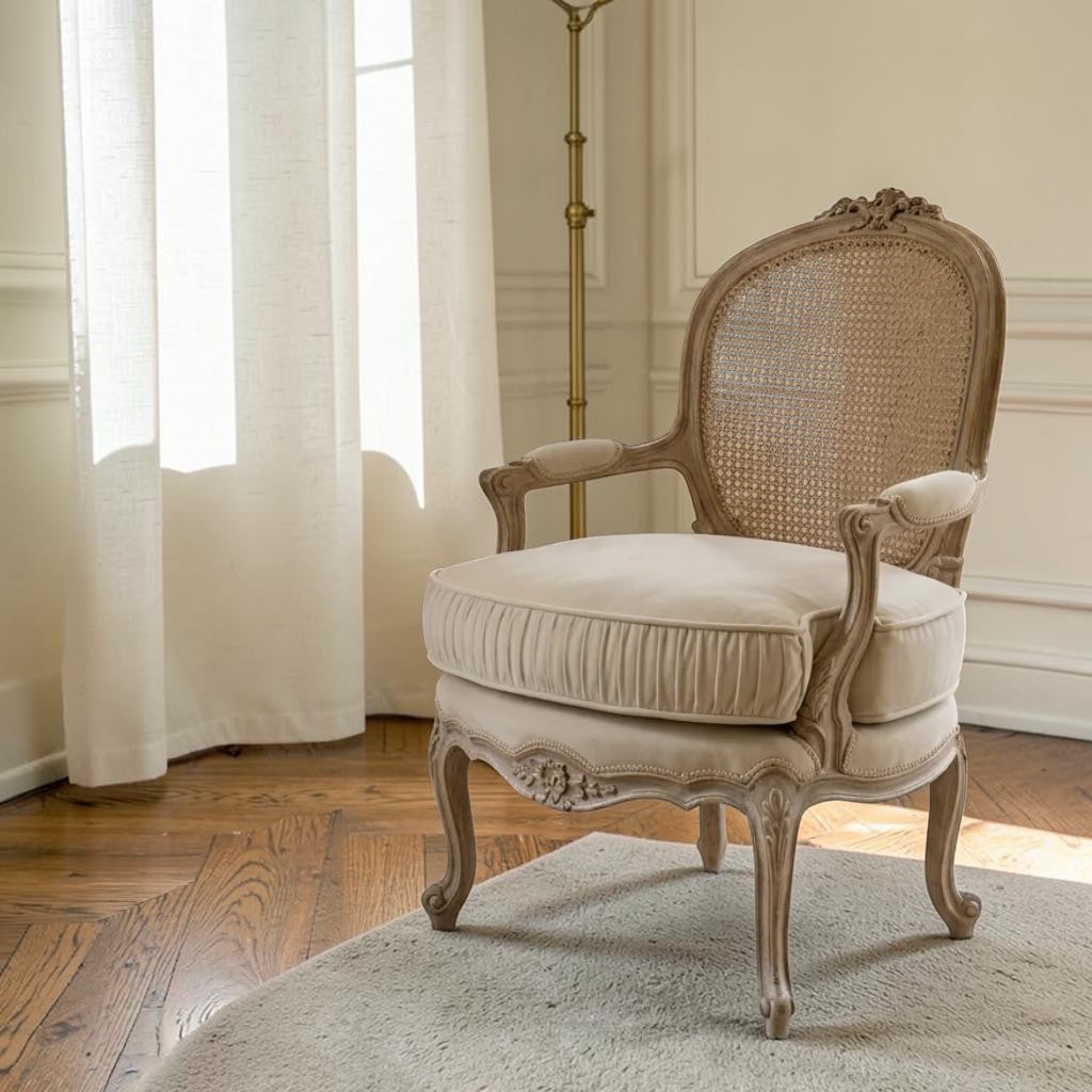 Homecrest Thakeham armchair with a carved teak wood frame, beige fabric seat, and rattan backrest in a bright room.