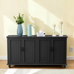 Homecrest Thorne four-door black sheesham wood sideboard with vertical paneling and low legs in a bright room
