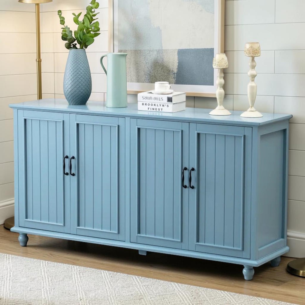 Homecrest Thorne four-door sideboard in blue solid sheesham wood with vertical paneling and black hardware