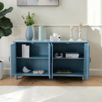 Homecrest Thorne blue solid sheesham wood four-door sideboard with open cabinet doors in a bright living room