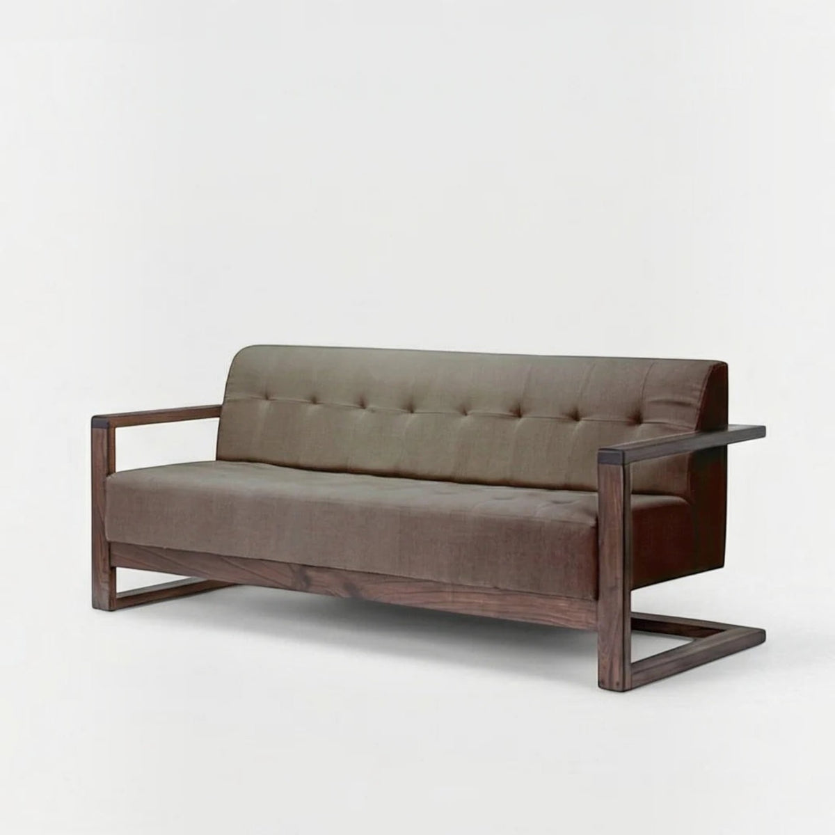 Homecrest 3-seater sofa with dark walnut solid wood box frame and tufted brown fabric upholstery