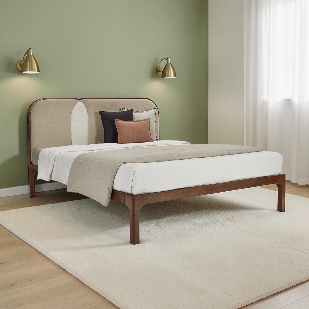 Homecrest Ufton Art Deco teakwood bed featuring a curved upholstered headboard in sand boucle fabric.