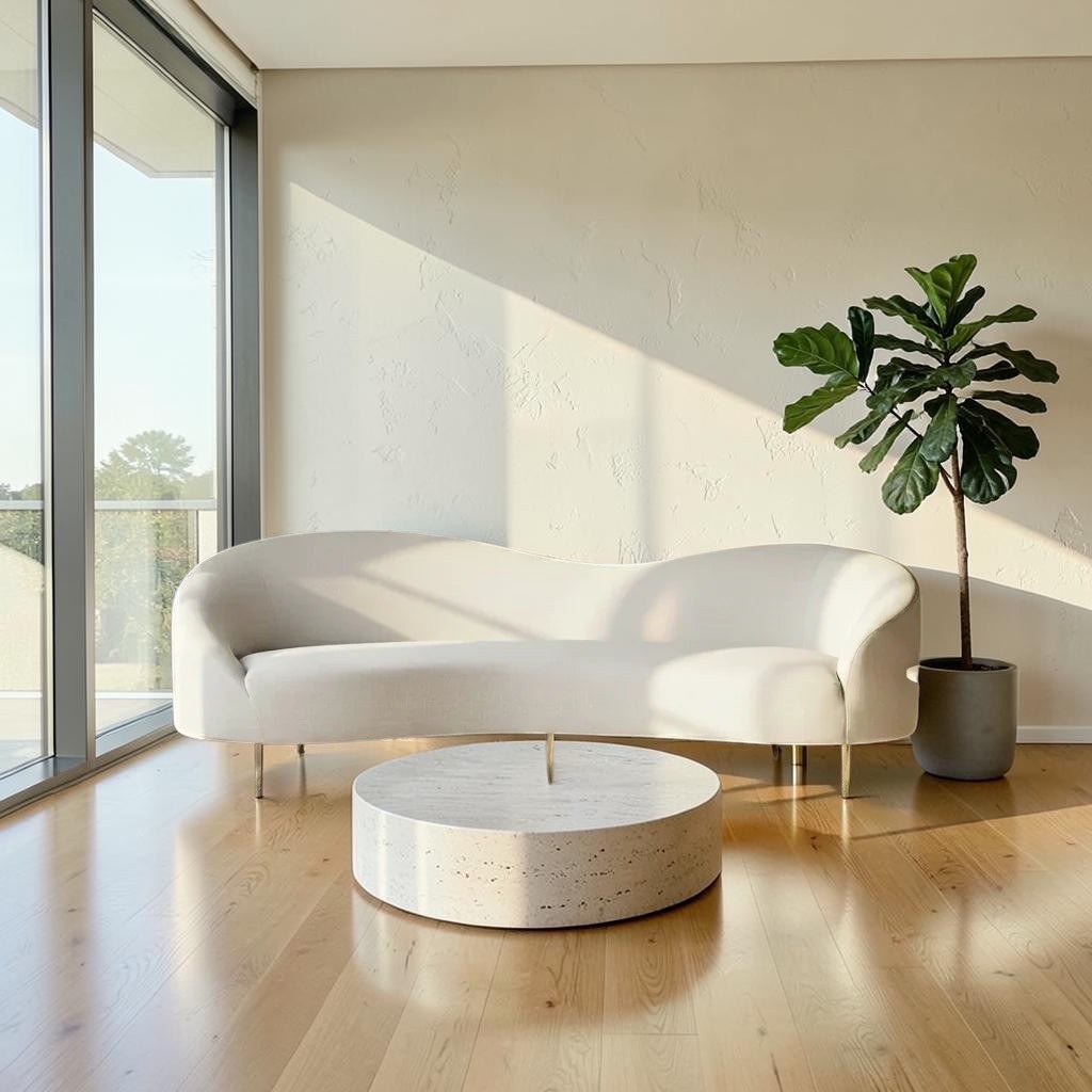 Homecrest Vernham white poly linen three-seater sofa with a curved back in a modern living room setting