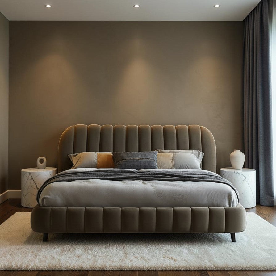 Homecrest velvet upholstered bed featuring a channel-tufted headboard and footboard in a modern bedroom setting.