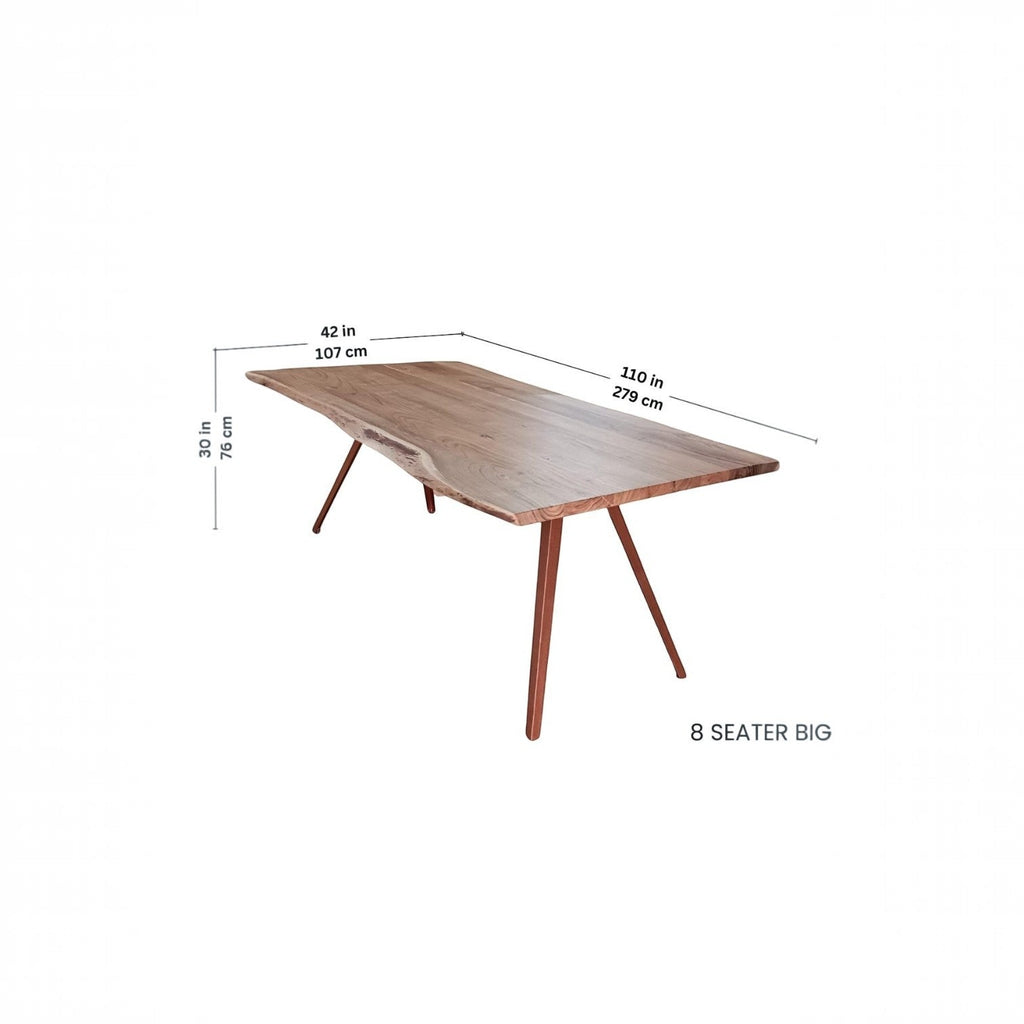 Homecrest Verdon live edge acacia wood dining table with a metal base, shown with dimensions on a white background.