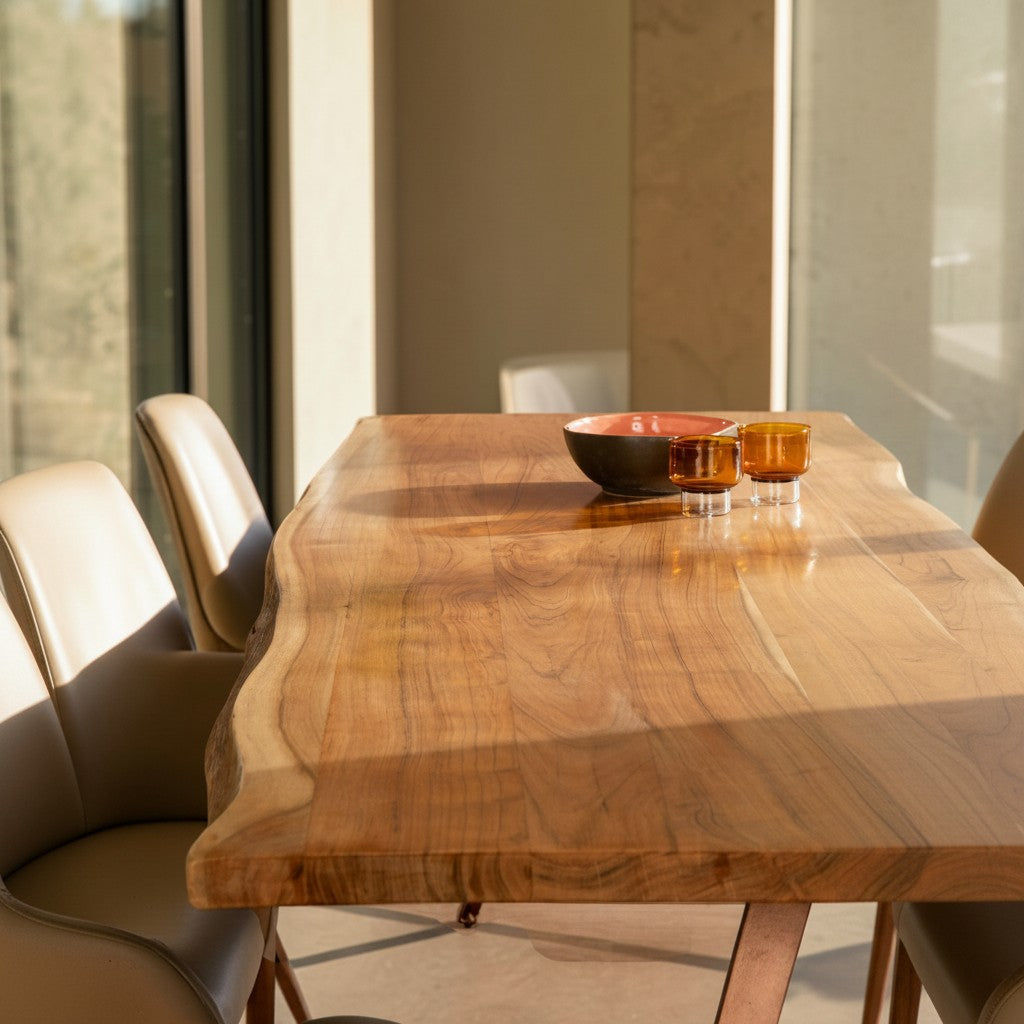 Homecrest Verdon live edge acacia wood dining table with a metal base and natural wood grain finish in a bright room.