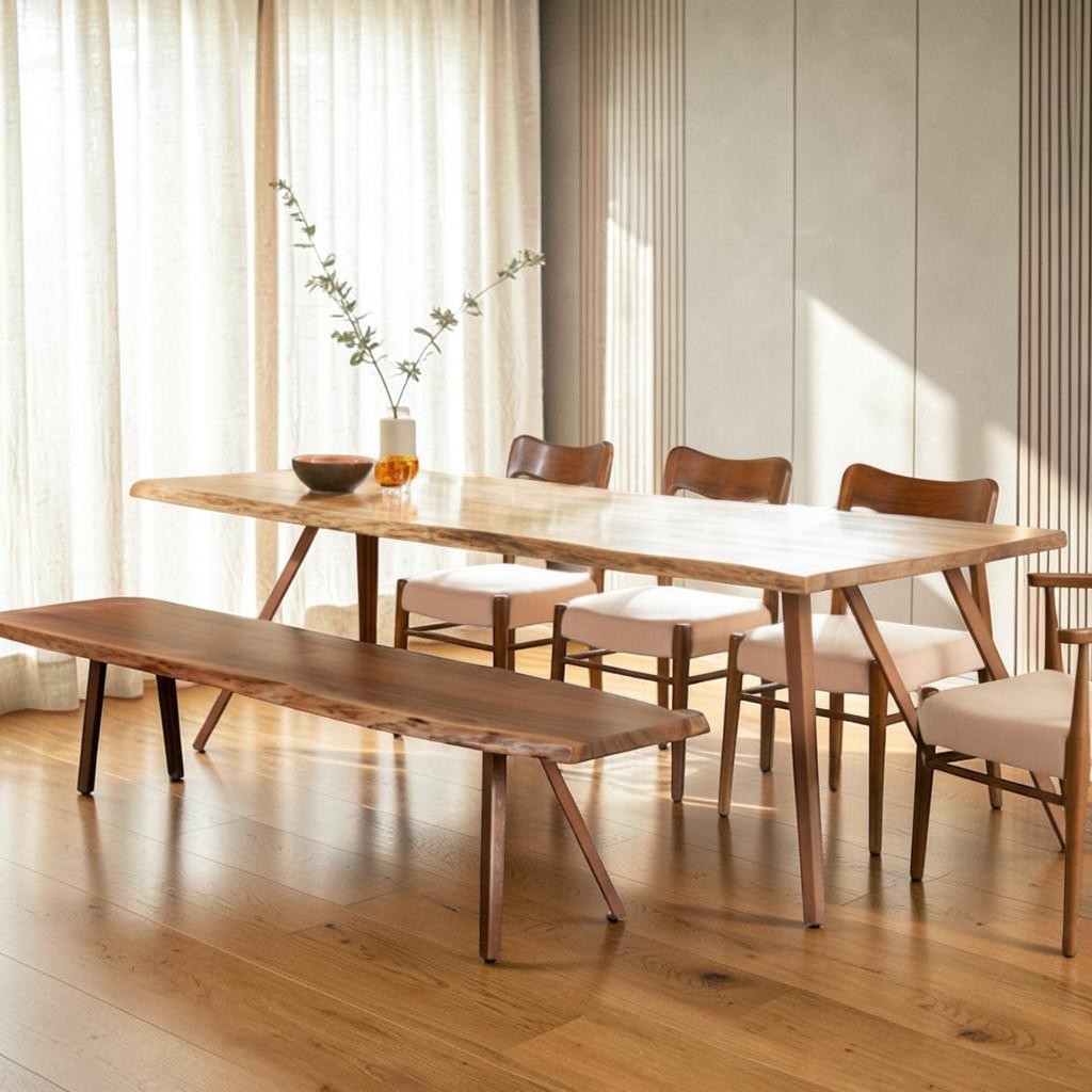 Homecrest Verdon dining set featuring a live edge acacia wood table and matching bench with angled metal legs