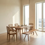 Homecrest Verdon dining set featuring a live edge acacia wood table, matching chairs, and a live edge bench.