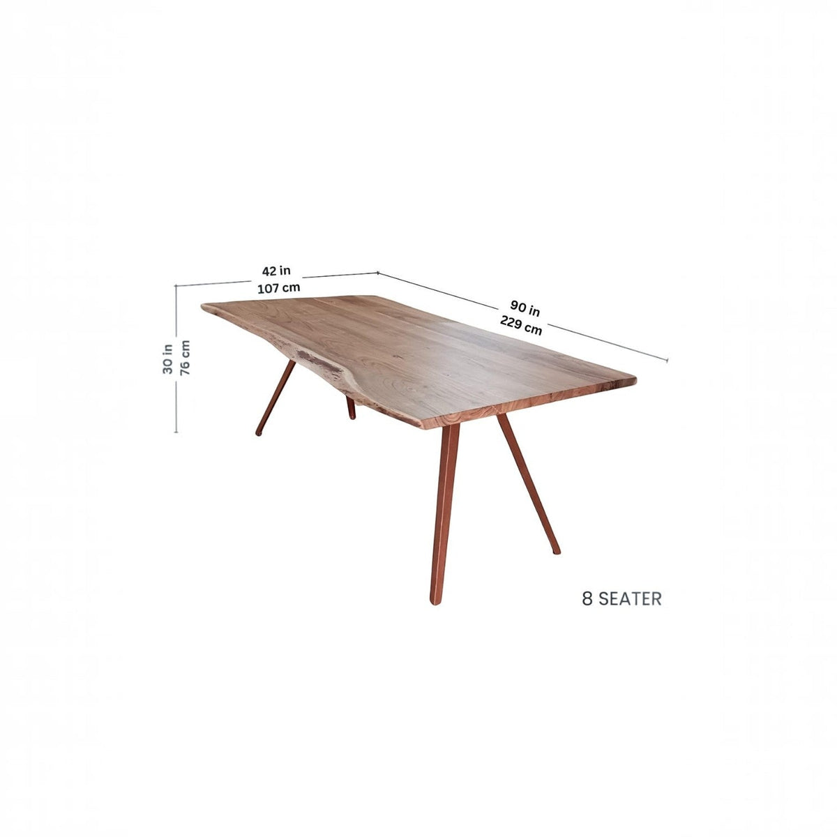 Homecrest Verdon live edge acacia wood dining table with metal legs, showing dimensions for an 8-seater model.