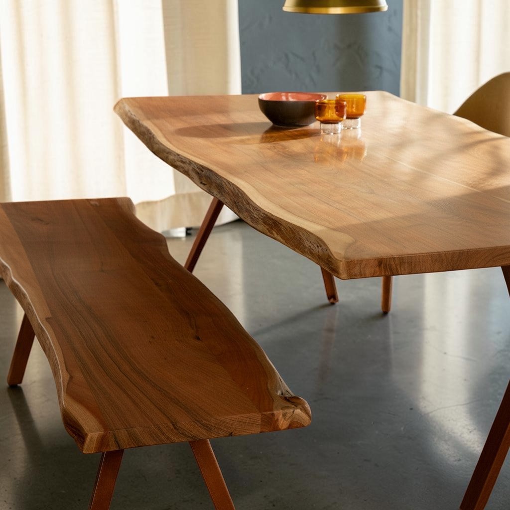 Homecrest Verdon live edge acacia wood dining table and matching bench with metal legs in a modern dining room