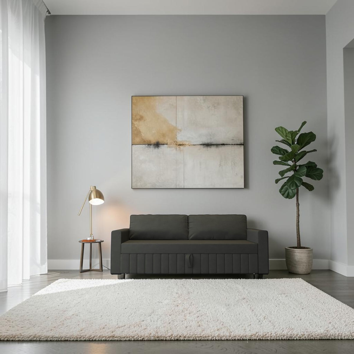 Homecrest Verity dark grey polyester three-seater sofa cum bed in a modern living room setting.