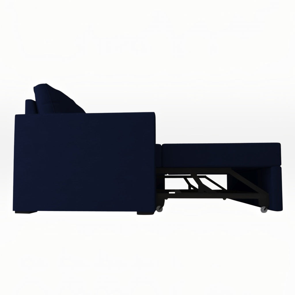 Homecrest Verity navy blue polyester sofa cum bed in extended sleeping position with solid wood frame