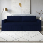 Homecrest Verity navy blue polyester three-seater sofa cum bed with a solid wood frame in a modern living room.