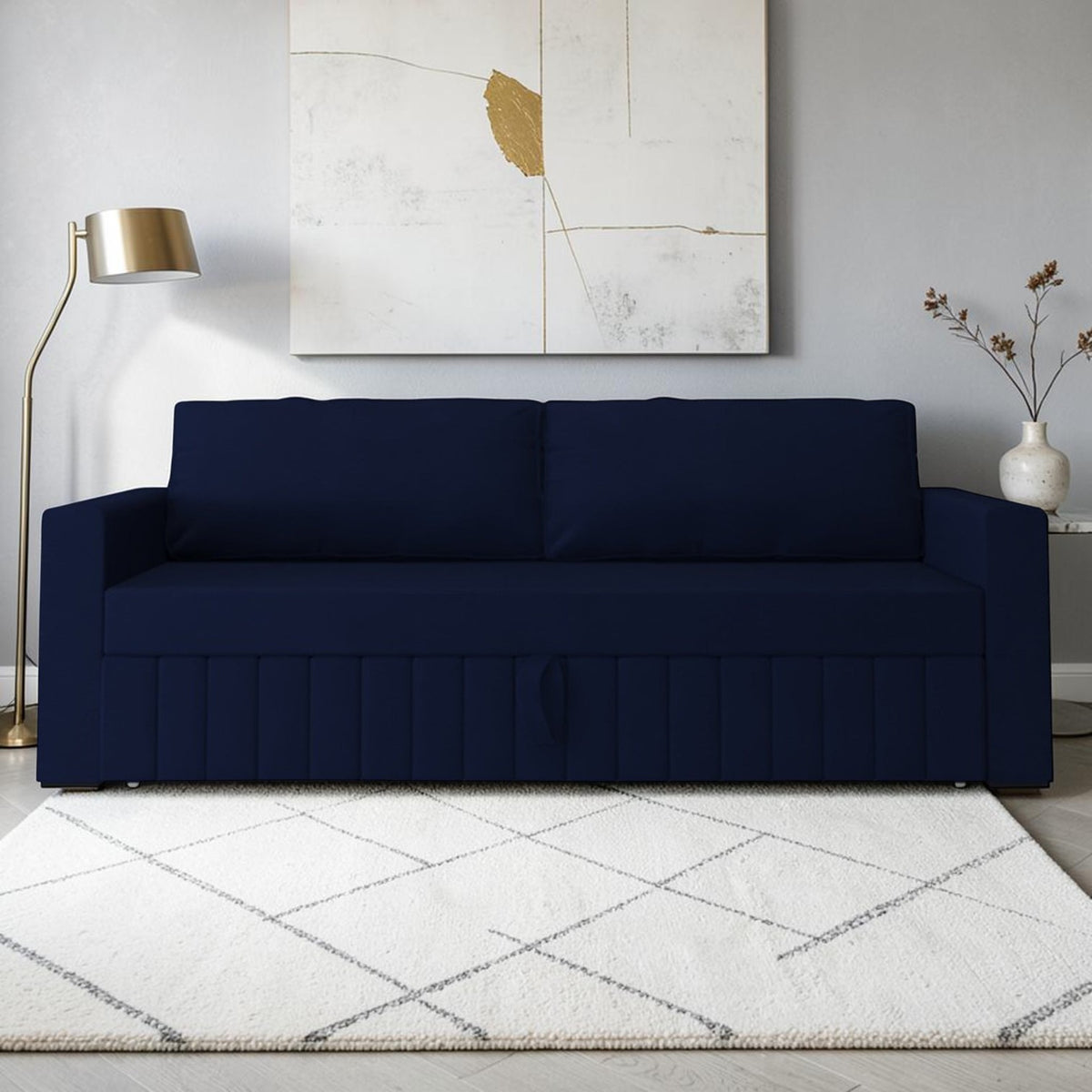 Homecrest Verity navy blue polyester three-seater sofa cum bed with a solid wood frame in a modern living room.