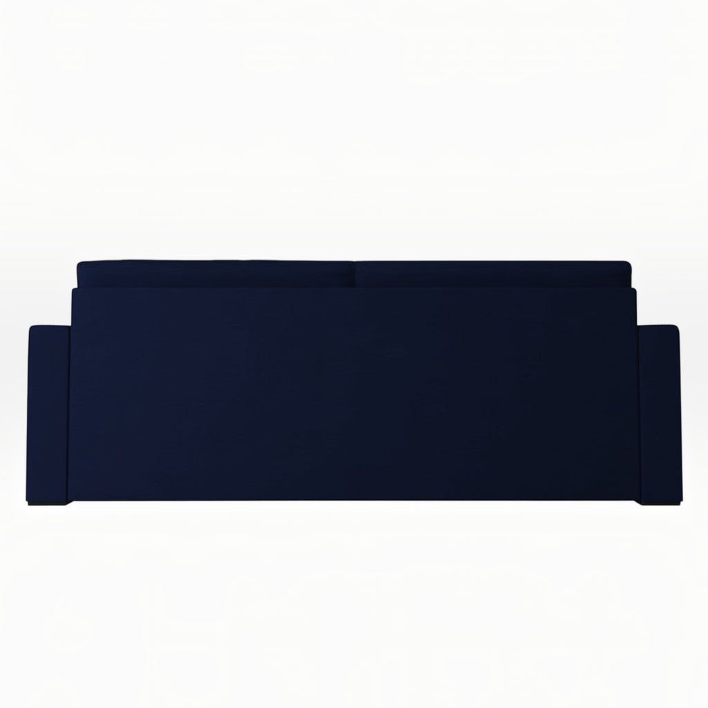 Homecrest Verity 3-seater sofa cum bed in navy blue polyester fabric with a solid wood frame, back view.