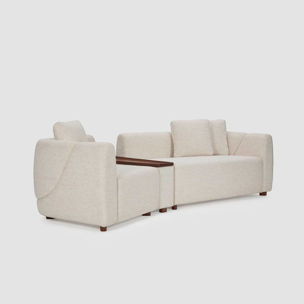 Homecrest Vero modular sofa in bone fabric with teakwood tray and legs, shown in a straight configuration.