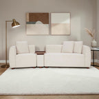 Homecrest Vero modular sofa in bone fabric with teakwood tray and legs, arranged in a straight configuration.