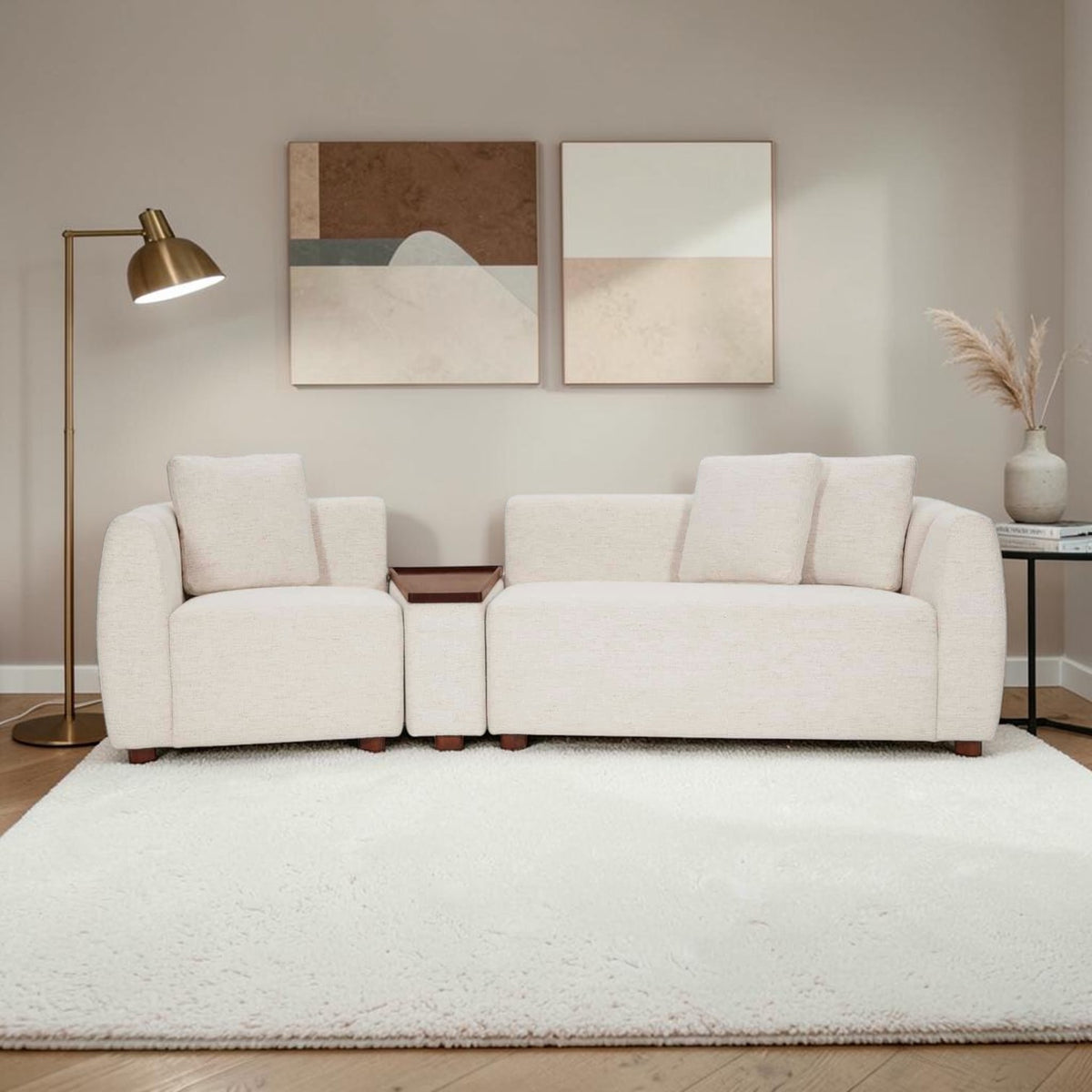 Homecrest Vero modular sofa in bone fabric with teakwood tray and legs, arranged in a straight configuration.