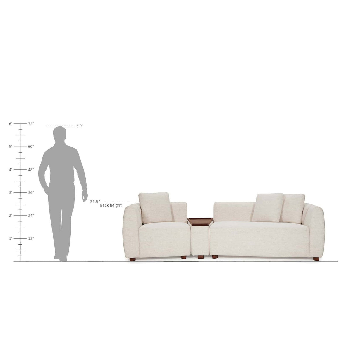 Homecrest Vero modular sofa in bone fabric with teakwood tray and legs, shown with scale reference for height.