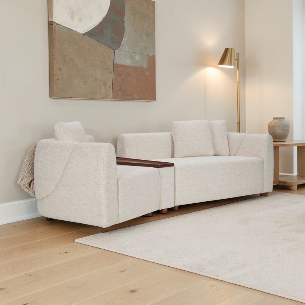 Homecrest Vero modular sofa in bone upholstery with teakwood tray and legs, arranged in a straight configuration.