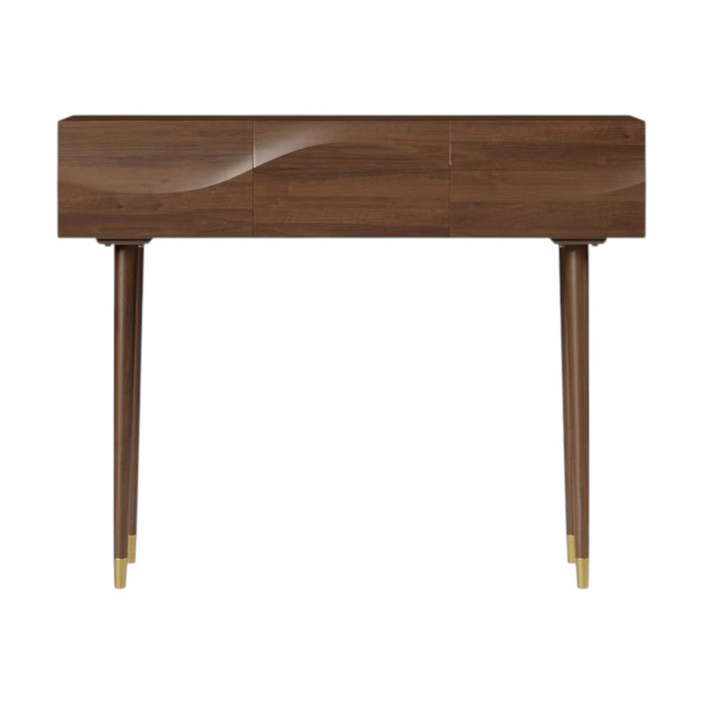 Homecrest Vessa acacia wood console table in walnut finish with carved wave-patterned drawer fronts and tapered legs.