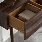 Homecrest Vessa console table in walnut finish acacia wood with a carved wave-patterned open drawer
