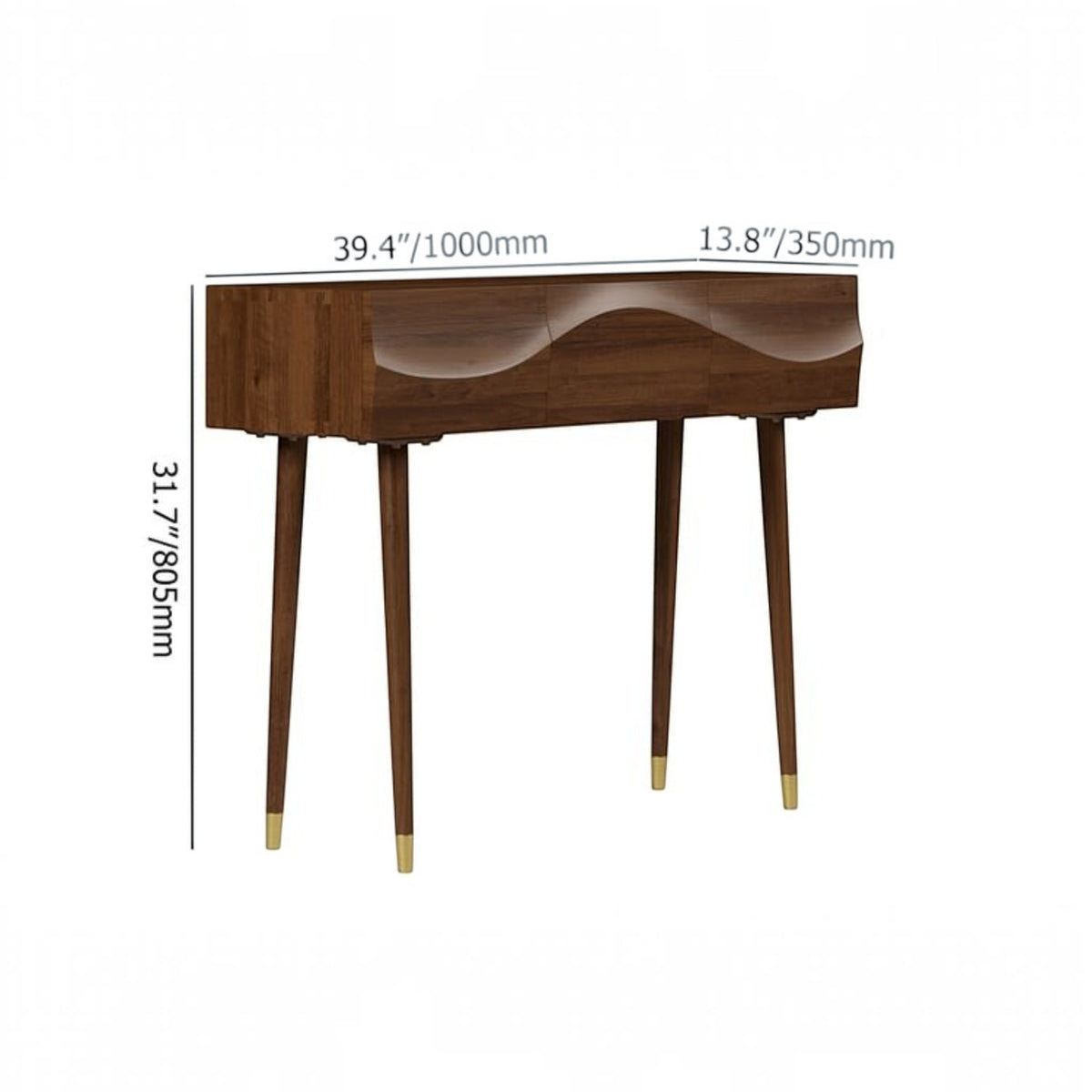 Homecrest Vessa console table in walnut-finished acacia wood with wave-patterned drawer fronts and tapered legs.