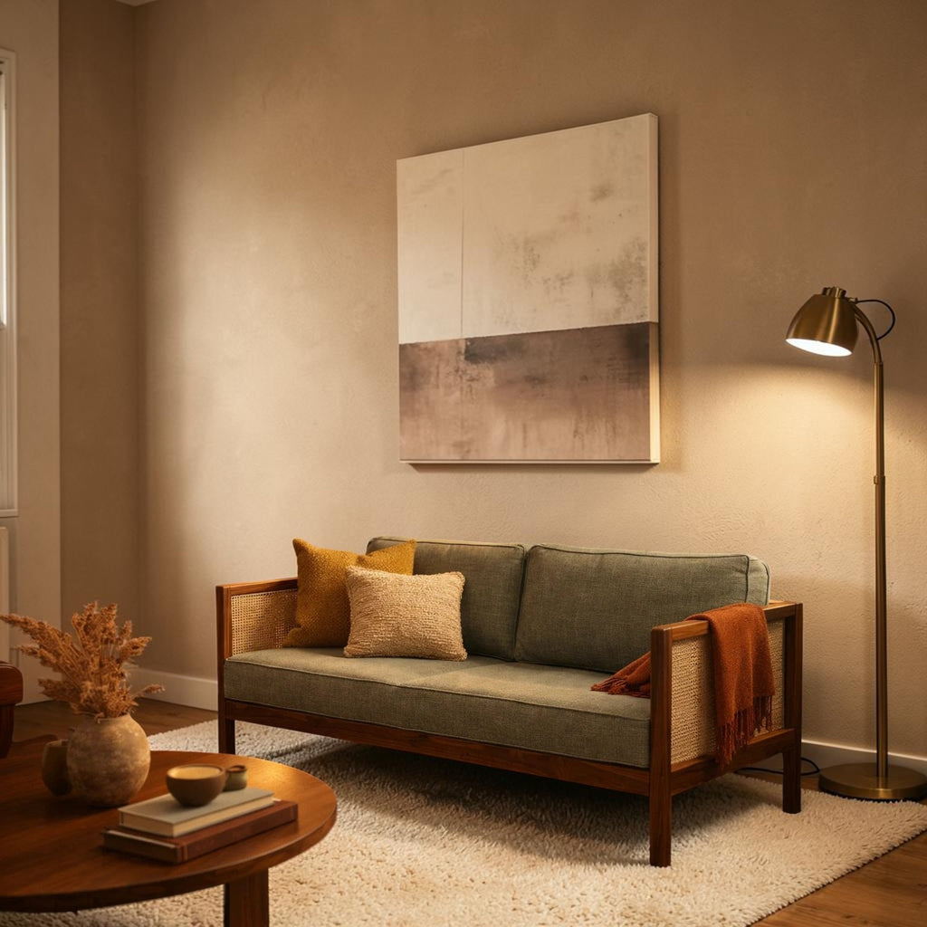 Homecrest 2-seater sofa in walnut wood with cane side panels, olive green cushions, and decorative throw pillows.