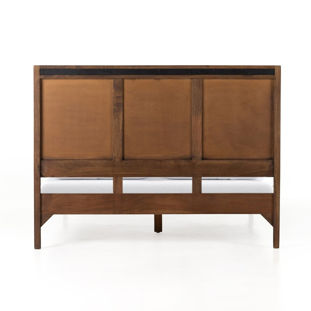 Homecrest rattan wooden bed frame in walnut mango wood showing the back view of the headboard and solid frame