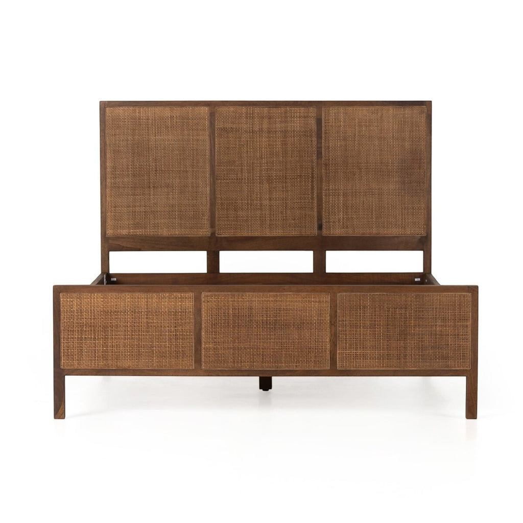 Homecrest walnut mango wood bed frame with a woven rattan headboard and footboard in a natural finish.
