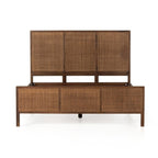Homecrest walnut mango wood bed frame with a woven rattan headboard and footboard in a natural finish.