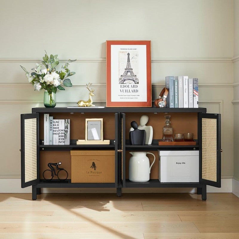 Homecrest Wexley black sheesham wood sideboard with rattan door panels and adjustable internal shelving