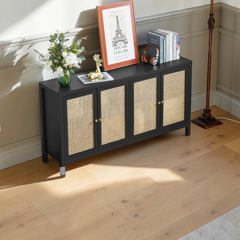 Homecrest Wexley black sideboard with natural rattan door panels, adjustable internal shelving, and four doors.